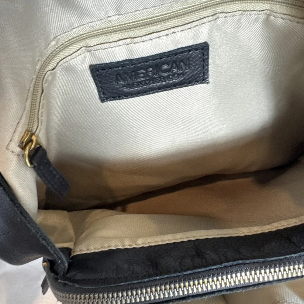 American Leather Co Soft Leather Shoulder Bag Purse Black Hobo Tote Brass Snaps
